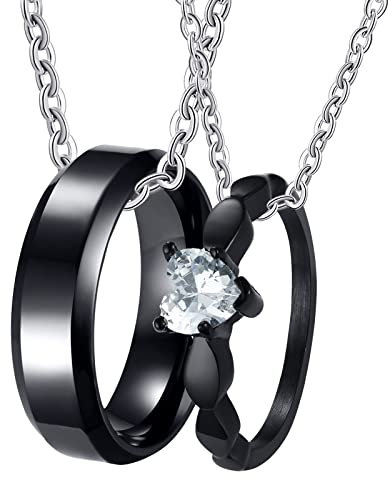 BCughia Pärchen Ketten für 2, Partner Ketten für 2 Schwarz Kette Personalisiert Schwarzer Ring 6 mm Herz Zirkonia Halskette Geburtstags Geschenke für Männer
