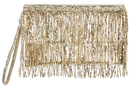 Quniko Sac à main à franges à paillettes pour sac de soirée à paillettes pour fête, bal de fin d'année, mariage, doré, Taille unique