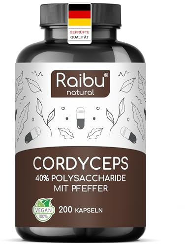 Cordyceps Sinensis Raibu, 200 Cápsulas - 21000 mg de Cordyceps por Dosis Diaria (Extracto 10:1, CS-4) con 40% de Polisacáridos - Alta dosis, Sin Aditivos y Vegano