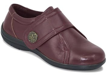 Amber Ladies Extra Wide EE Fit Leather Shoes with Touch Fasten Strap – Smart Everyday Comfort with Stylish Button Detail Burgundy 6