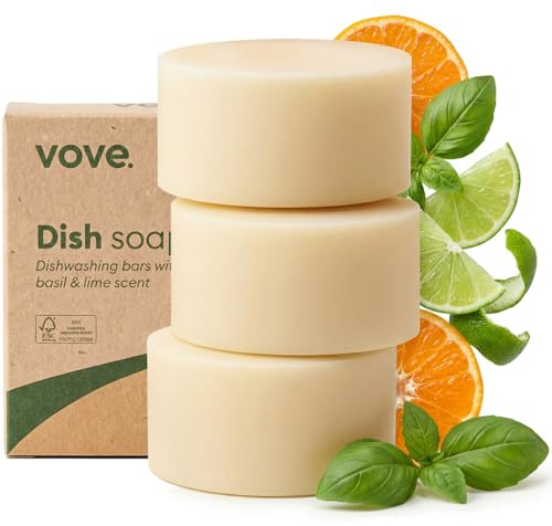 Vove Feste Spülseife 3er-Pack, Coastal Citrus Mint, pflanzlich | Mandarinen-, Krauseminz-, Zypressen- und Bergamottöl, Kokosreiniger, Zero Waste, FSC-Kraftpapier