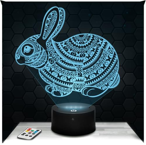 Lampephoto.fr - Lampe Kaninchen Mandala 3D Nachtlicht Haustier | Made in France, Sockel & Größe wählbar, dimmbar, Batterie/USB, HD-Lasergravur, Geschenk für Kinder