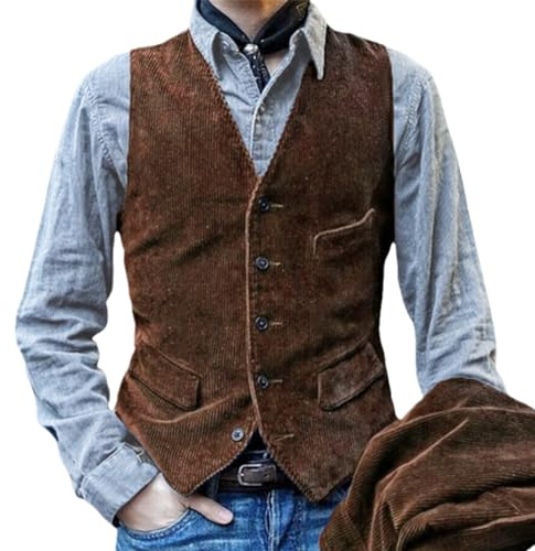 Chahuer Herren Vintage Cordweste Mode Einreiher Multi Pocket Slim Fit Business Weste Braun L