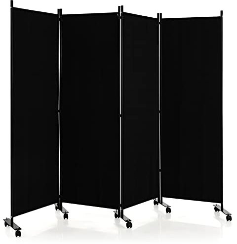 GOPLUS Paravent Pliable à 4 Panneaux, Cloison de Séparation 225x173CM avec roulettes, Cadre en Métal, Idéal pour Salon, Salle à Manger, Bureau (Noir)