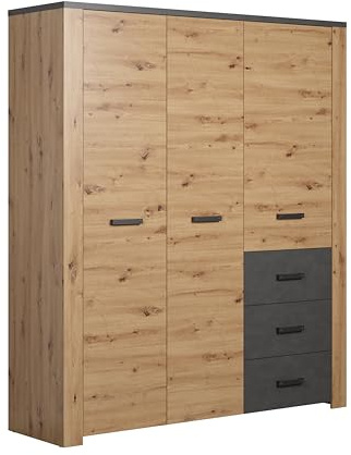 Kleiderschrank Follow Artisan Eiche · B 171 x H 212 cm | B 171 x H 212 x T 60 cm · Vollauszug · 3 Türen, 3 Schubladen, 3 Einlegeböden