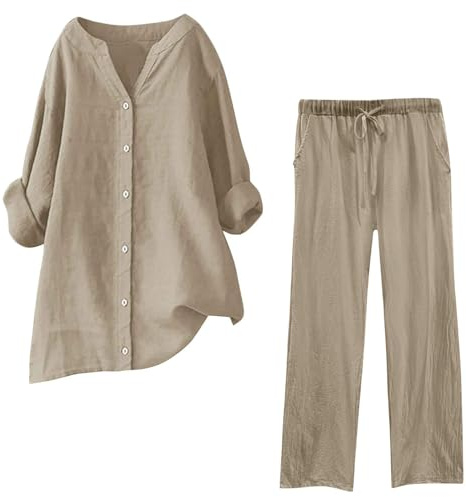 Ensemble en Lin Femme Chic Et Elegant Costume Pantalon + Chemise Haut Ete Automne Fluide Ample 2 Pieces Grande Taille T-Shirt Voyage Pas Cher Ensemble Jogging Femme
