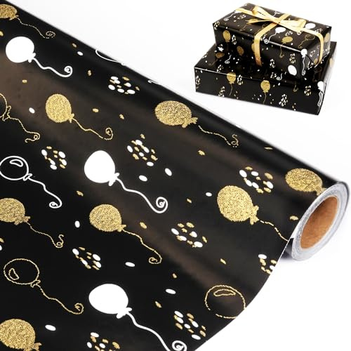 Geschenkpapier Geburtstag, Schwarz Gold Geschenkpapierrolle, Metallic Luftballons Geschenkpapier für Männer Junge, Schwarzes Geschenkpapier für Geburtstag, Hochzeit, Party, Valentinstag, 43 cm x 10 m