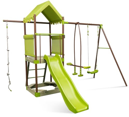 COSTWAY Spielturm, Klettergerüst mit Schaukel, Rutsche, Kletterseil, Gleitersitzen, Leiter und Sandkasten, Outdoor Kinder Kletterturm für Garten