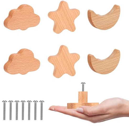 ALLOMN 6 Stück Schrankknäufe, Massivholz, Tür-/Schubladengriffe, niedlicher Stern, Wolke, Mond, Schubladenknöpfe, Möbeltürgriffe mit Schrauben, für Kinderzimmer, Schlafzimmer, Küche, Badezimmer