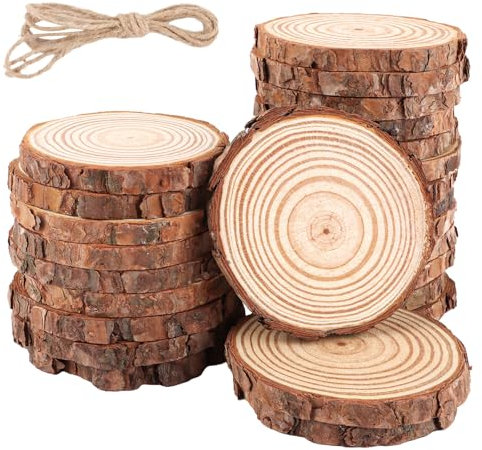 WOPPLXY 25 Stück Baumscheiben mit Rinde, 8-9 cm Holzscheiben aus Kiefernholz, Unvollendete Holzplatte Rund für Dekoration, Kunsthandwerk und DIY-Projekte
