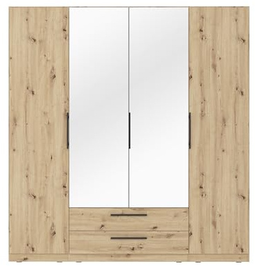 FORTE CADIXO Kleiderschrank 200, moderner Kleiderschrank Skandi Stil, 4-türig, 2 Schubladen, Spiegelfront, Holzwerkstoff, Artisan Eiche Holzdekor, 200,3 cm breit x 212,9 cm hoch x 58,9 cm tief