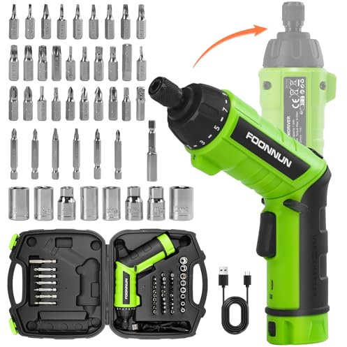FOONNUN Electric Screwdriver Set, 44 PCS Cordless Screwdriver Set, 6Nm Max Torque, 1500mAh Rechargeable Battery, USB Cable, 2 Position Handle, LED Light, Ideal for Home Office DIY Project