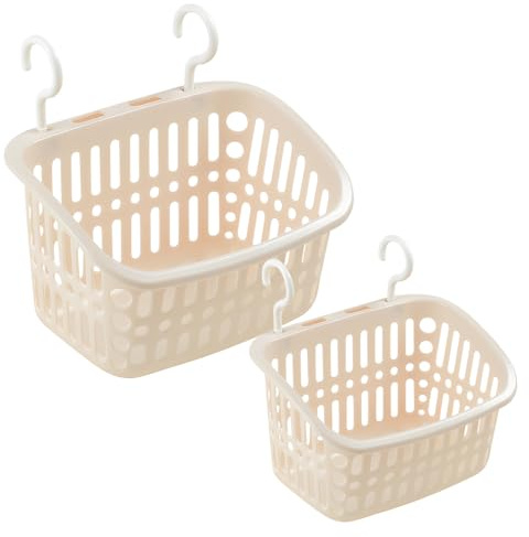 HMIEPRS 2Pcs Shower Caddy Hanging, Plastic Storage Basket with Hook, Draining Holes Shower Basket, Hanging Laundry Apricot Organizer for Bathroom Kitchen Pantry Bedroom Cosmetics Toys (2 Sizes)