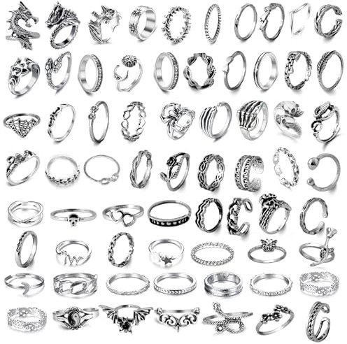 XSDSLS 67 Stück Silber Ringe Set,Stapelbare Boho Finger Ringe,Silber Midi Ringe,Vintage Knuckle Ringe,Punk Ringe für Frauen Mädchen