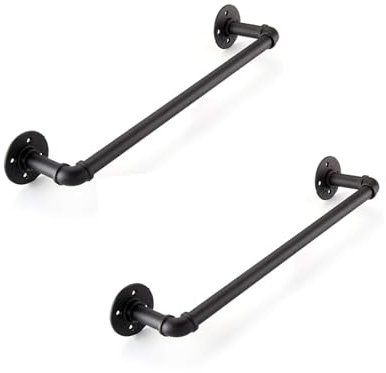 Youyijia 60cm x 12cm Iron Pipe Towel Bar Industrial Pipe Towel Rail Wall Mounted Clothes Bar Rack Detachable Hanging Garment Rack Hand Towel Holder 2PCS Black