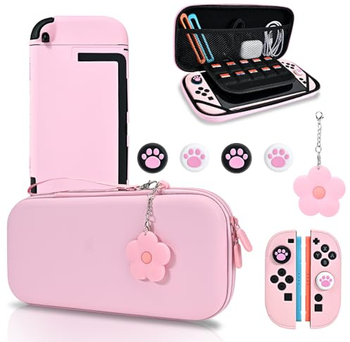 DLseego Storage Carrying Case for Nintendo Switch 2 2025 Accessories Set, 10 Game Card Slots Cute Protective, 1 Hard PC Case, 1PC Flower Blossom Chain, 4 Thumb Grips, Slim & Portable - Pink