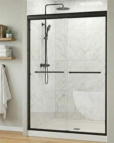 Sliding Shower Doors, 44-48 in W x 72 in H Glass Shower Door, 1/4 in(6mm) Tempered Glass, Matte Black Aluminum Framed Shower Door for Walk-in Showers, Stainless Steel Handrail
