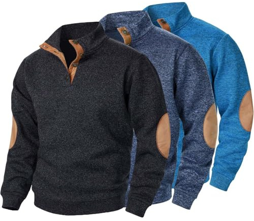 SOOUICKER Pullover Herren 3er Set Sweatshirt Herren Stehkragen Vintage Rollkragenpullover Sport Arbeitspullover Oversize Outdoor Pulli Ohne Kapuze Zweifarbig Knopfleiste