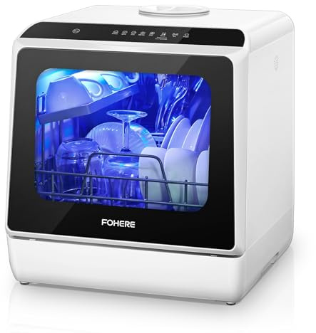 Countertop Dishwasher with Delay Start, No Hookup Needed, 5+1 Wash Programs, 360° Dual Spray, 167° High-Temp Wash, 5L Built-in Tank, Portable Dishwasher for Apartments, RVs, Small Homes