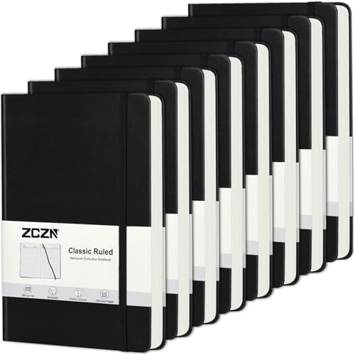 ZCZN A5 Lined Journal Notebooks, 8-Pack Black Hard Cover | 192 Pages Each, Hardback Notebook Pack for School, Work, Travel & Journaling