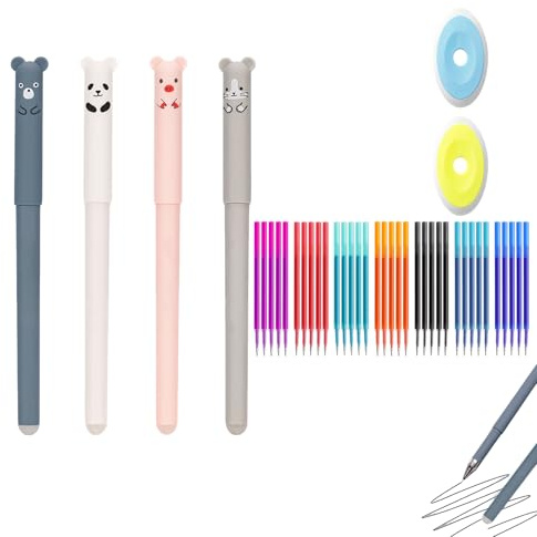Radierbare Stifte, 4stk Radierbare Gelstifte Mit Radiergummi Und 35stk 0,5mm Spitze, Niedliches Cartoon Radierstift Multifunktionales Radiergummi-Set Für Alle Aufgaben, Für Kinder, Schule, Büro