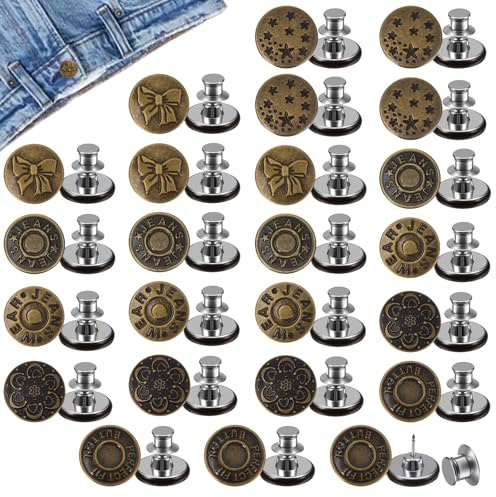 Tyqour 24 Sets Jean Buttons, No Sew Jean Button Replacement, Reusable and Adjustable Metal Button for Jeans, Waist Tightener for Pants Women (6 Styles, Copper)
