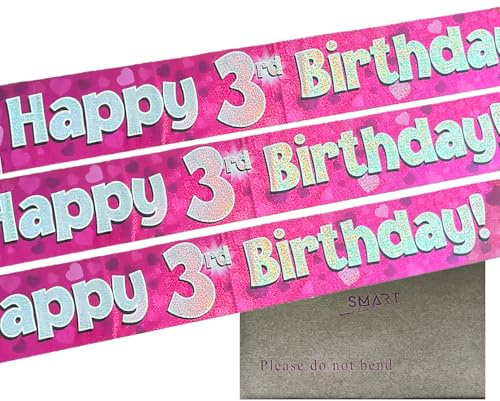 9ft Banner Happy 3rd Birthday Pink Holographic Foil Pennant Age 3