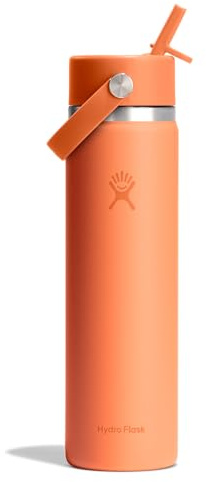 Hydro Flask Water Bottle - Insulated Stainless Steel - Wide Mouth Flex Straw Lid, Non Spill, Leakproof and Refillable in 24 Oz Nectar Orange
