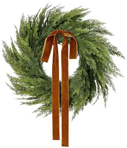 20 Realistic Faux Cedar Wreath with Velvet Bow, Real Feel Christmas Holiday Wreaths for Front Door, Artificial Evergreen Cypress Pine Greenery Door Wreath Decorations Indoor Outdoor Home Decor