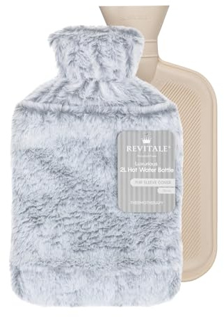 Revitale Luxury Cosy Hot Water Bottle 2 Litre, Soft Cover, Single Ribbed Natural Rubber 2025, British Standard BS1970:2012, Durable & Leak-Resistant (Silver - Sleeve)