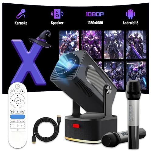 HCS350 KTV Mini Proyector Portatil,Proyección+Karaoke+Altavoz 3 en 1 Proyector 4K con Mando a Distancia por Voz/Micrófono Recargable,1920 * 1080P Projector Portable 4K,450 ANSI,Android 11,WiFi6+BT5.4