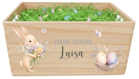 minimutz Personalisiertes Osternest mit Name, Osterkiste mit Ostergras & Häschen-Konfetti zum selbst Befüllen, Osterkörbchen Holz, Holzkiste & Ostergeschenk Kinder
