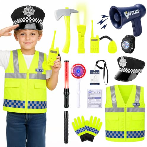 deAO Costume de Police pour Enfants, Jeu de Rôle de Policier 13 Pièces | Gilet Fluo, Gants, Talkies, Lampe + Mégaphone Fonctionnels, Panneau Stop Lumineux, Polyester, 3-7 ans, Carnaval, Halloween