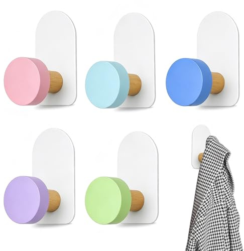 KIPTVO 5PCS Self Adhesive Coat Hooks, Wooden Sticky Hooks Macaron Wall Hook Set for Kids Rooms, Towel Hooks Self Adhesive for Clothes Bags Hats, Adhesive Wall Hooks in Pink Green Blue Purple