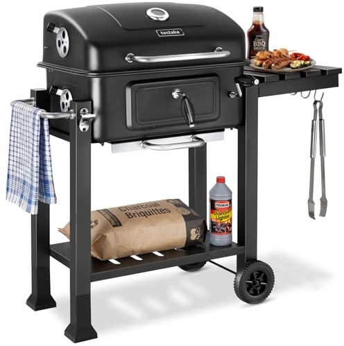 tectake® Holzkohlegrill, 110 x 64 x 104 cm, höhenverstellbare Kohlewanne und Ascheschublade, mit Thermometer und 4 Lüftungsschieber, Warmhalterost, klappbare Seitenablage mit Haken, Grillfläche