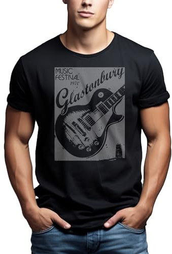 MAKAYA Vintage Musik T-Shirt mit Gitarre Glastonbury Schwarz Herren S-XXXL