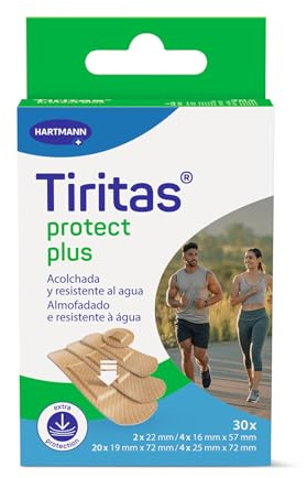 TIRITAS Protect Plus: Apósitos con efecto acolchado para realizar actividades con normalidad; Protege heridas, cortes y rozaduras; Flexibles y transpirables; 4 tamaños; 30 unidades