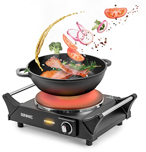Duronic Hot Plate HP1 BK, Stainless Steel Table Top Cooking, 1500W Black Steel Electric Single Hob with Handles, Cast Iron Portable Hob Burner Rings for Home Kitchen, Pots, Camping