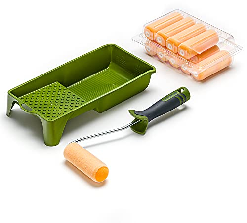 Profi Lackier Set 9 tlg. | Lackierwalzen Flock 11 cm | Flock-Lackierwalze beidseitig rund | Lackroller für wässrige und leicht lösemittelhaltige Lacke | Farbwanne 15 x 32 cm | Farbroller Bügel