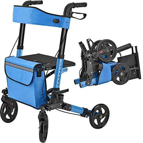 Juskys Rollator Vital petrol - Gehhilfe faltbar & leicht aus Aluminium bis 130 kg - Laufhilfe höhenverstellbar mit Sitz, Tasche & Regenschirmhalterung