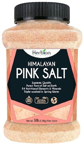 HERBION Naturals Himalayan Pink Salt Jar Fine Grain, GMO Free, Supreme Quality Chemical Free, Vegan, Kosher Certified, Fine Grain All Natural Salt, Triple Washed in Spring Water, 5 lbs