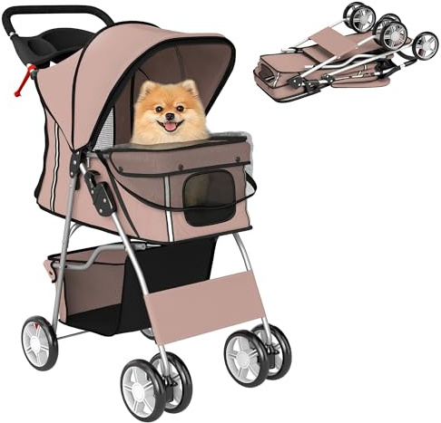PawHut Poussette Buggy Pliable Animaux, Chariot Pliante Imperméable pour Chien et Chat, Toit Amovible Incluse, Porte-Gobelet, Panier de Rangement, Roues avec Frein, Tissu 600D Oxford, Acier, Café