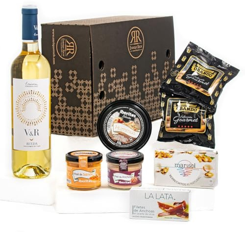 ENRIQUE RECH - Cesta Regalo Gourmet - Vino Blanco Verdejo V&R - Paté Brandada de Bacalao - Paté de Salmón – Hummus de Garbanzo – Berberechitos Marisol - Anchoas y Picos Artesanos