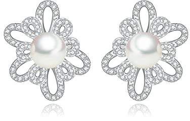 Banemi Geschenk für Frauen Ohrringe, Moderne Ohrringe Cubic Zirkonia Blume mit Perle Friktion Back Ohrstecker Partyschmuck