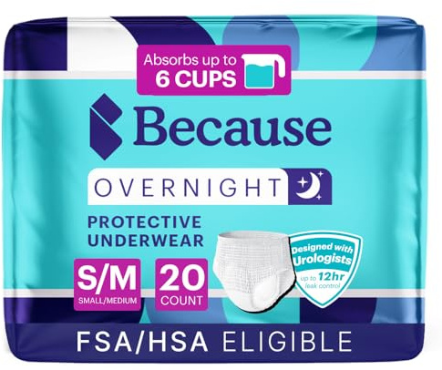 Because Overnight Absorbency Pull Ups - Adult Disposable Incontinence Underwear, Extra Absorbent Nighttime Briefs for Men and Women, White, Small/Medium, 20 Count