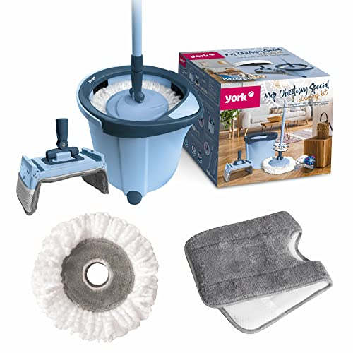 York Wischmopp Set Mit Eimer Mit Ersatzbaren Moppköpfen Mit Auswringfunktion Flach Bodenwischer Wischsystem Putzset Teleskopstiel Special Blau