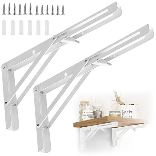 Étagère Murale Pliante de 300 mm, 2 Pcs Support Console Pliable En Acier Inoxydable, Lourds Support Console Pliable Rétractable Pour Garage Cuisine Chambre (Blanch)