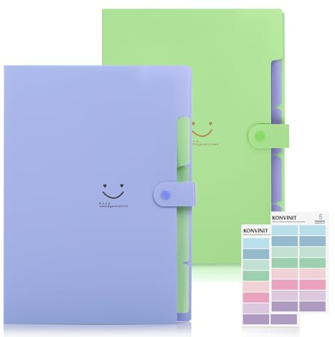 KONVINIT 2-pack expanderande filmapporganisatör, 5 fickmapp med etiketter, A4-mappar för pappersarbete och utbyggnadsmappar med avdelare för kontor, skola, hem