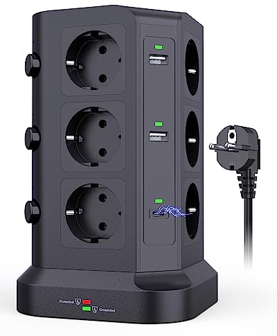 KOOSLA Mehrfachsteckdose 20W USB-C, 12 Fach, 2M | 12 Steckdosen, Dual 20W USB-C PD/QC3.0, 4 USB-A, 2M Kabel, Überspannungsschutz, Büro, Zuhause