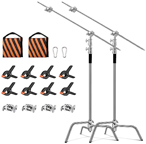SOONPHO 2-Pack C Stand 100% Heavy-Duty Stahl C Stativ Lampentständer C-Ständer 330cm Edelstahl mit 130cm Galgen Kit,Grip Kopf,Sandsäcke und Clips für Godox AD200 Pro SK400II Aputure 120D(Silber)